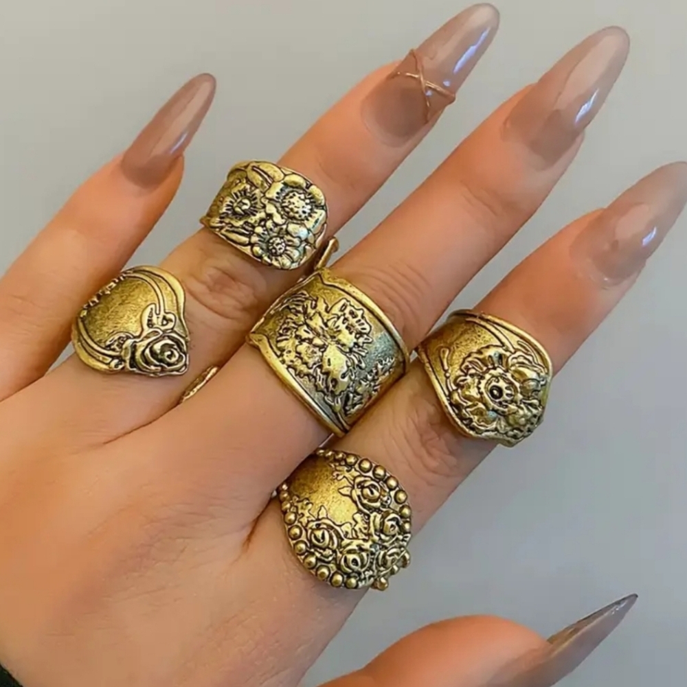 Antique Gold Floral Statement Ring Set - Women Jewelry Rings